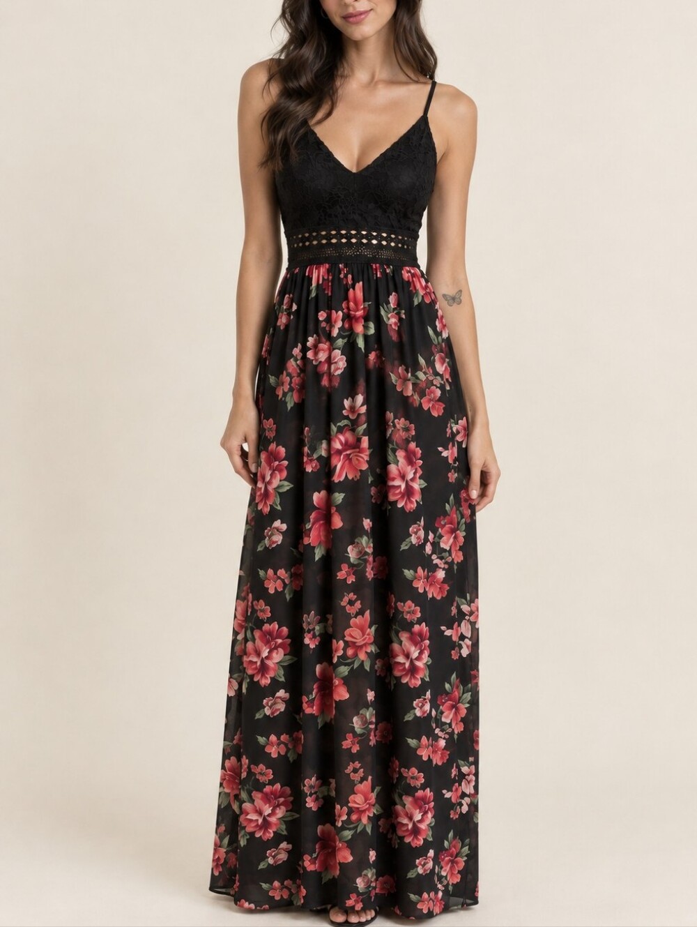 Black Floral Maxi Dress with Lace Bodice and Pink Print